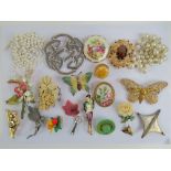 A quantity of assorted 20th century costume jewellery brooches including; carved bone,