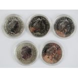 Five 'Britannia' 1oz fine silver crowns dated 2003-2007, each in protective plastic pod.