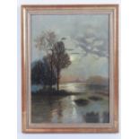 Oil on canvas; moonlit waterside scene trees and cloud beyond, upon Windsor and Newton canvas,