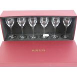 A boxed Maison Fondee six piece set of Krug champagne engraved champagne glasses.