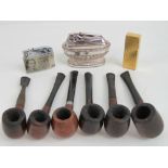 A collection of six assorted briarwood pipes together with a Ronson classic table lighter,