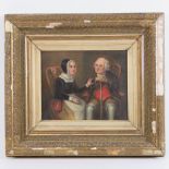 Oil on board; elderly 18th century husband and wife, unsigned, 19 x 23cm,