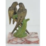 A delightful figural desk piece comprising twin brass lovebirds raised over a matt green painted