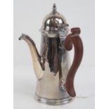 A HM silver hot chocolate pot having hinged spout cover and hinged lid (pin from hinge deficient),