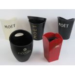 Five plasticised branded champagne ice buckets; three Moet et Chandon, Pannier, and Piper-Heidsieck.