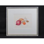 Watercolour; two onions, a clove of garlic, a walnut and a rosehip.