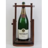 A wooden hinged champagne pouring cradle for Jeroboam 3L size champagne bottles, standing 52cm high,