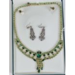 A pair of vintage white metal and marcasite earrings together with green stone necklace and floral