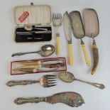 A quantity of silver plated items including; fish servers with HM silver collars, crumb scoops,