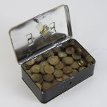 A contemporary tin moneybox with key containing a quantity of threepenny bits within weighing 920g.