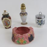 A Noritake sugar sifter, 16cm high together with continental ginger jar and cover,