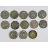 A quantity of full silver half crowns dated 1907-1920. Thirteen items, 5.88ozt.