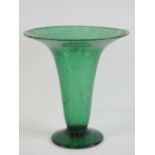 A heavy green bubble art glass trumpet vase standing 30cm high 20cm diameter.