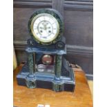 A LARGE VICTORIAN BLACK SLATE AND MARBLE MANTLE CLOCK WITH VISIBLE ESCAPEMENT AND PENDULUM, BELL