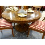 A Wm.IV.MAHOGANY CROSSBANDED BREAKFAST TABLE ON OCTAGONAL COLUMN SUPPORT AND CARVED PAW FEET. Dia.