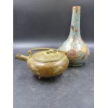 A CRACKLE CELADON GLAZE BOTTLE FORM VASE WITH GILT BIRD AND FOLIATE DECORATION. H.23cms TOGETHER