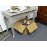 A FRENCH STYLE GREY PAINTED SIDE TABLE ON CABRIOLE LEGS. W.113 x H.75 x D.50cms.