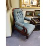 A Wm.IV. MAHOGANY SHOW FRAME DAWES PATENT RECLINING ARMCHAIR ON TURNED LEGS WITH SPOKED BRASS