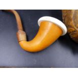TWO MEERSCHAUM PIPES AND ANOTHER OF CARVED WOOD FEATURING STAGS,