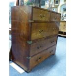 A 19th.C.BRASS BOUND TEAK TWO PART CAMPAIGN CHEST WITH TWO ALIGNED SHORT DRAWERS ABOVE THREE LONG