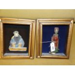 TWO POLYCHROME ORIENTAL EARTHENWARE FIGURES MOUNTED IN GILT SHADOW BOX FRAMES. W.28 x H.34cms