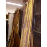 CURTAINS. FOUR PAIRS OF GOLD/ PURPLE SHOT SILK CURTAINS. ONE PAIR DROP 220 x W.225cms, ONE PAIR DROP
