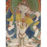 A TIBETAN THANOKA. A CENTRAL DEITY SEATED ON A LOTUS THRONE. IMAGE 50 x 42cms.