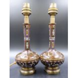 A PAIR OF JAPANESE CLOISONNE BOTTLE VASES AS LAMPS, THE SHOULDERS WORKED WITH BIRDS AND FLOWERS ON