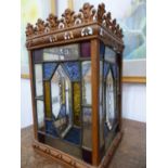 AN ANTIQUE HALL LANTERN WITH LEADED GLASS PANEL SIDES. 20 x 20 x H.33cms.
