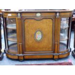 A FINE VICTORIAN BURRWOOD, EBONY AND INLAID CREDENZA WITH GILT BRASS MOUNTS, CENTRAL DOOR INSET WITH