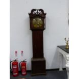 A 19th.C.OAK CASED LONG CASE CLOCK WITH 30 HOUR MOVEMENT, 13" ENGRAVED ROUND BRASS DIAL SIGNED