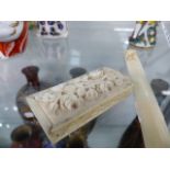 A EUROPEAN IVORY FLORAL CARVED BOX. W.6cms. A PAGE MARKER CARVED WITH GRAPE HANDLE. H.14cms. AND A