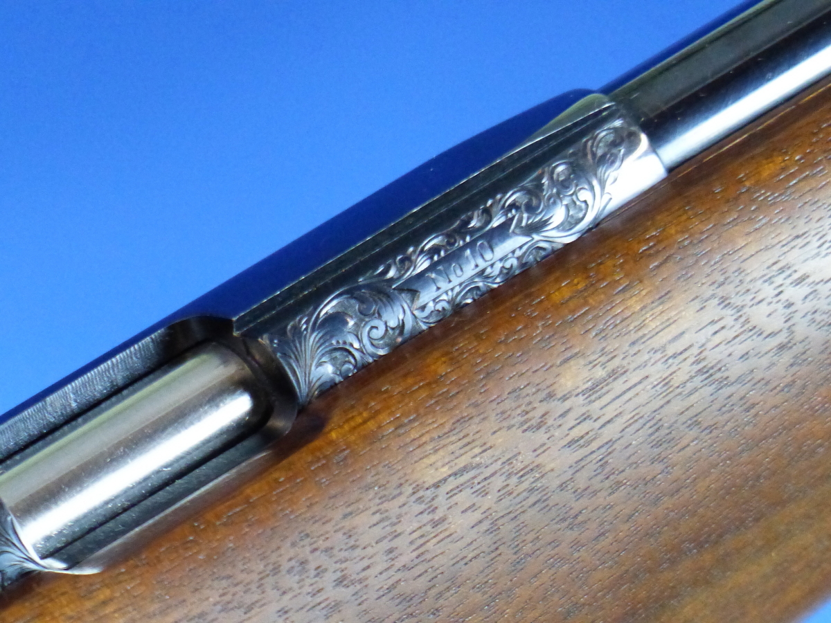 A RARE HAND MADE ISP SPARTAN AIR RIFLE No.10 WITH LEATHER STRAP. AMERICAN WALNUT STOCK ENGRAVED - Image 3 of 17