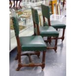 A GOOD SET OF EIGHT VICTORIAN GOTHIC REVIVAL PUGINESQUE OAK FRAMED DINING CHAIRS WITH OVER STUFFED