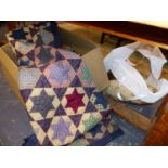A STAR PATTERN QUILT TOGETHER WITH VARIOUS CUSHIONS, BOLTS OF FABRIC, BRAID,ETC.