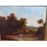 19th.C.ENGLISH SCHOOL. CATTLE AND A HORSE WITH RIDER WATERING AT A STREAM, OIL ON CANVAS, FRAMED. 37