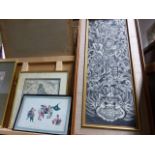 A BALINESE PAINTING OF EMBRACING FIGURES SURROUNDED BY SCROLLWORK. 83 x 29cms TOGETHER WITH A