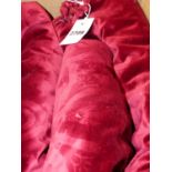 CURTAINS. THREE PAIRS OF FINE SCULPTED PATTERN RED VELVET CURTAINS, LINED AND INTER LINED. ONE