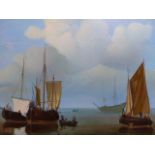 A DECORATIVE MARINE OIL PAINTING IN THE DUTCH 18th.C. STYLE, OIL ON CANVAS LAID ON BOARD. 26 x