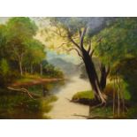 19th.C.ENGLISH SCHOOL. RIVER PASSING THROUGH WOODLAND, OIL ON CANVAS, FRAMED. 53 x 73cms.