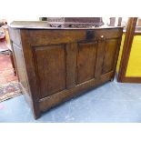 AN 18th.C.OAK PANEL FRONT COFFER. W.121 x H.75 x D.52cms.