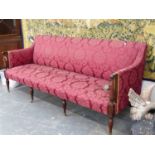 A REGENCY MAHOGANY DRAWING ROOM SETTEE ON TURNED FRONT SUPPORTS. W.199cms.