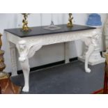 AN IMPRESSIVE PAIR OF FRENCH EMPIRE DESIGN WHITE PAINTED CONSOLE / PIER TABLES WITH SLATE TOPS ABOVE