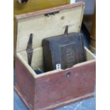 AN EARLY 19th.C.OAK CANDLE BOX, A PINE BOX AND A VINTAGE CYCLE LAMP.