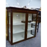 A 19th.C.WALL MOUNTED DISPLAY CABINET WITH GILT BRASS EDGED GLAZED PANEL DOORS ENCLOSING