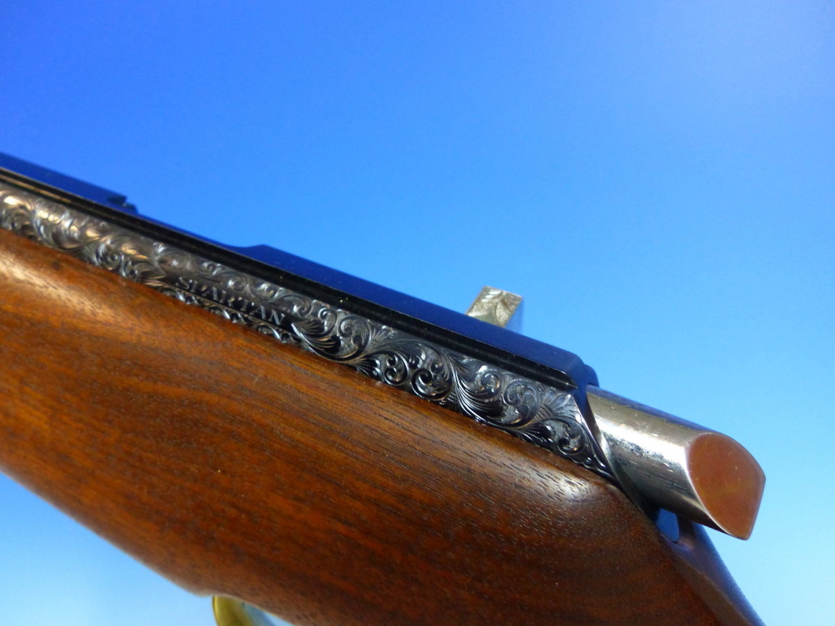 A RARE HAND MADE ISP SPARTAN AIR RIFLE No.10 WITH LEATHER STRAP. AMERICAN WALNUT STOCK ENGRAVED - Image 11 of 17