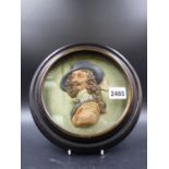A 19th.C.WAX PORTRAIT BUST OF KING CHARLES I, FRAMED. Dia.22cms.