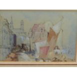 R.H.KITSON. (1873-1947) A CONTINENTAL TOWN VIEW, SIGNED WATERCOLOUR. 12.5 x 18cms TOGETHER WITH