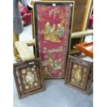 A CHINESE SILKWORK PANEL OF SIX SAGES ON TERRACES. 112 x 41cms TOGETHER WITH A PAIR OF CHINESE