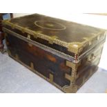 A 19th.C.LEATHER BOUND AND BRASS MOUNTED CAMPHORWOOD CAMPAIGN TRUNK WITH NAME PLATE HENRY STONE,